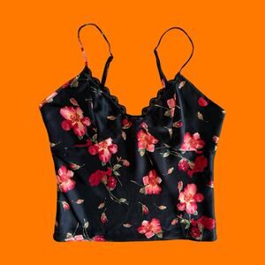 00's vintage black floral lace satin y2k cami tank top MEDIUM
